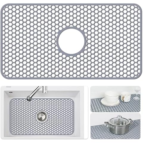 Bestjing Silicone Sink Mat - Protectors for Kitchen Sink with Center Drain, 26"x 14" Kitchen Sink Grid, Non-Slip Heat-Resistant Sink Mat for Bottom of Farmhouse Stainless Steel Sink (Center Hole) Cover