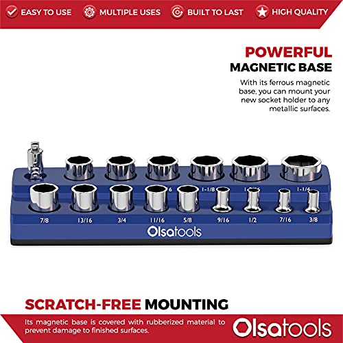 Image of Olsa Tools Magnetic Socket Organizer - 1 /2-Inch Drive SAE Socket Holder with Strong Magnets - Professional Tool Holder and Tool Organizer - Holds up to 16 Sockets - Blue - Part: 1296