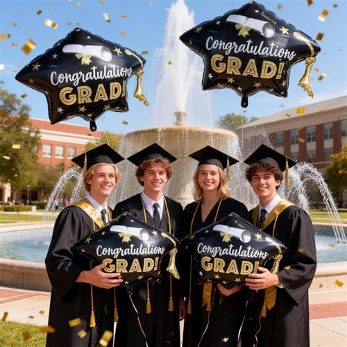 Image of Graduation Cap Balloons, Graduation Decorations 2026, 4 Pcs Black Gold 2026 Congrats Grad Hat Balloon Foil Mylar Balloon for High School College Class of 2026 Congratulations Graduate Party Decoration
