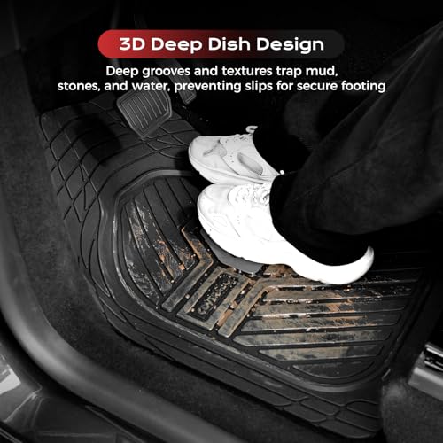 Image of Coverado Car Mats Full Set, Heavy Duty Rubber Floor Mats for Cars, Deep Dish Design All Weather Waterproof Car Floor Mats, Universal Trim-to-Fit Car Mats for Most Cars Trucks SUV, Black&Gray