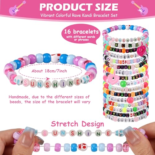 16/24/32Pcs Rave Kandi Bracelets Set Glow In The Dark EDM Music Stretch Bracelets Multi Color Beaded Kandi Cuff Rave Accessories Jewelry Music Party Favor for Women Men Friends EDM Party Music Festival2