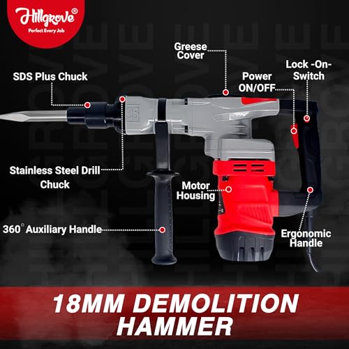 Image of Hillgrove HGCM1399M1 2000W 100% Copper Winding 7Kg Concrete Demolition Hammer Chipping Hammering Drilling Breaker Drill Machine 7Kg Kit Set