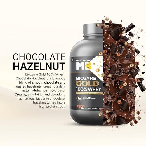 Image of MuscleBlaze Biozyme Gold 100% Whey Protein Powder, 2kg (4.4 lbs) | Chocolate Hazelnut | 26g Protein Per Scoop with Whey Isolate as the Primary Protein Source