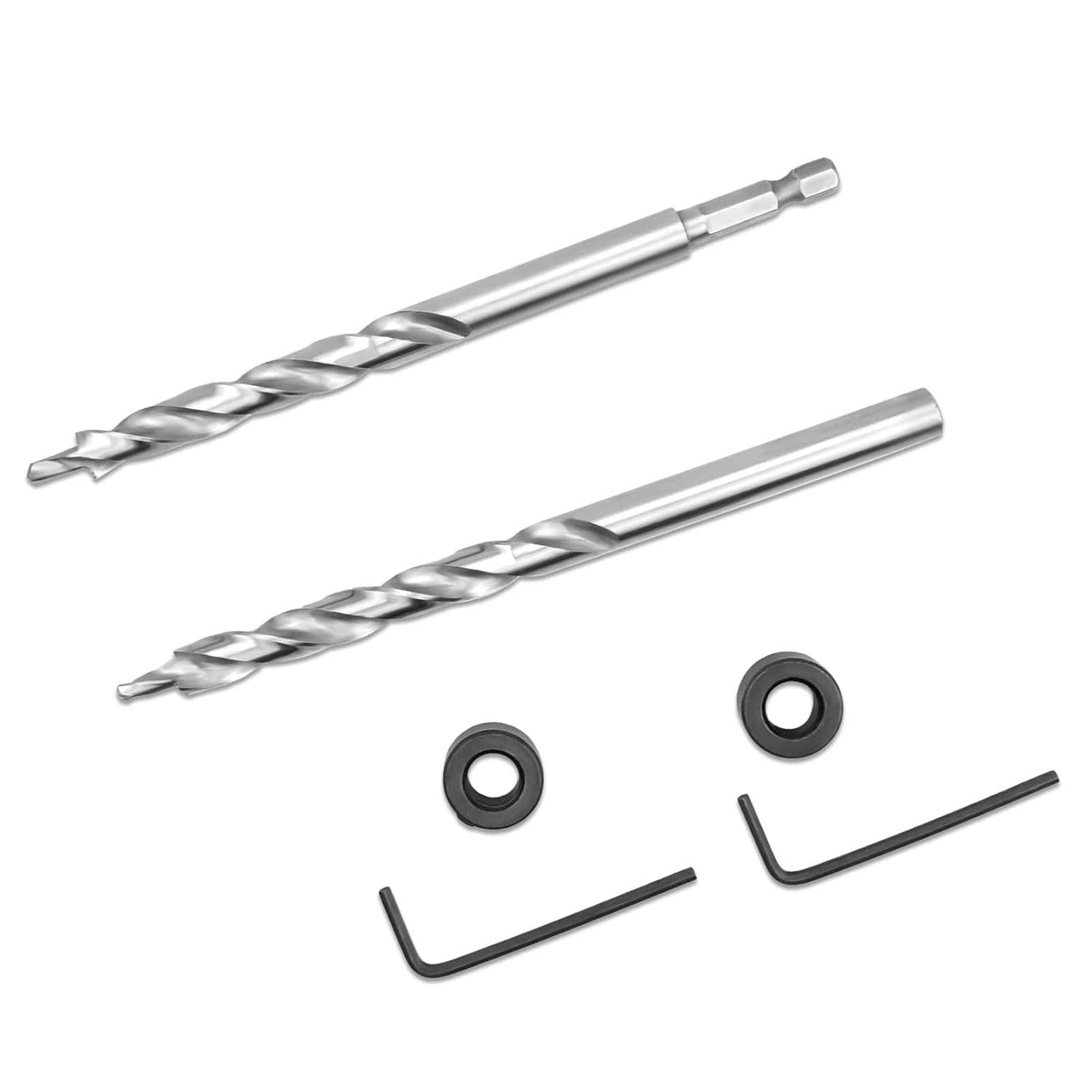 RENYU 2 Pcs 3/8" Pocket Hole Drill Bit, 1/4" Hex Shank Round Shank Replacement Twist Step Drill Bit with Depth Stop Collar for Manual Pocket Hole Jig System (6.3 Inch Length)
