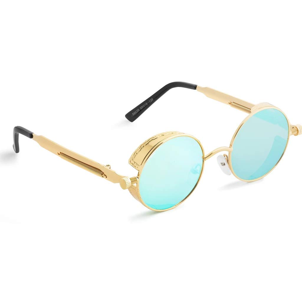 Mens Round Sunglasses, Golden Frame, Blue Mirror Lens (Large) Pack of 1-image-45