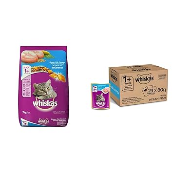 Whiskas Adult (+1 Year) Dry Cat Food, Ocean Fish Flavour, 7kg Pack and Adult (+1 Year) Wet Cat Food, Ocean Fish, 24 Pouches (24 x 85g)