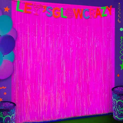 Image of 3 Pack Glow in The Dark Party Supplies, Neon Party Decorations Fluorescent Tinsel Curtains with Let's Glow Crazy Banner, Macaron Fuchsia Photo Booth Backdrop, Neon Glow Birthday Halloween Party Decor