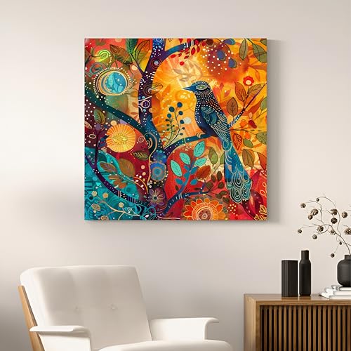 Image of PAINTINGMANTRA Abstract Birds Nature Stretched Canvas Painting for Living Room | Modern Tree Artwork Wall Decor Art For Livingroom, Bedroom, Office, Hallways - 22x22 Inch