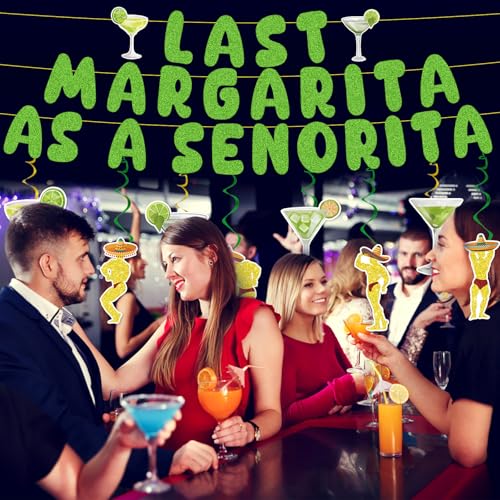 Image of Margs & Matrimony Bachelorette Decorations - 11PCS Margarita Party Decoration Last Margarita as A Senorita Banner Hanging Swirls Decor Bridal Shower Wedding Party Supplies