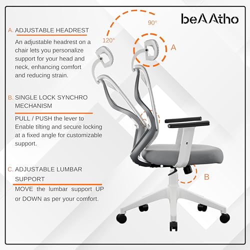 beAAtho Dusk Ergonomic High Back Office Chair | 2D Adjustable Arm & Headrest, Lumbar Support, Single Lock Synchro, Metal Base | Revolving Mesh... - Image 6