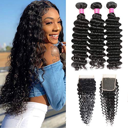 Brazilian Deep Wave Human Hair 3 Bundles With Closure 8A Unprocessed Virgin Hair Deep Wave Bundles With Closure Free Part (16 18 20 with 14)