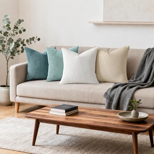 Image of Mecatny Corduroy Decorative Throw Pillow Covers 18x18 Set of 2 for Sofa Living Room, Soft Neutral Boho Couch Pillow Covers for Home Decor, Aqua