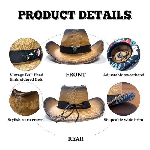 Image of Cowboy Hats for Women, Brown Cowgirl Hats Classic Straw Western Hats for Women Music Festival Party Beach.