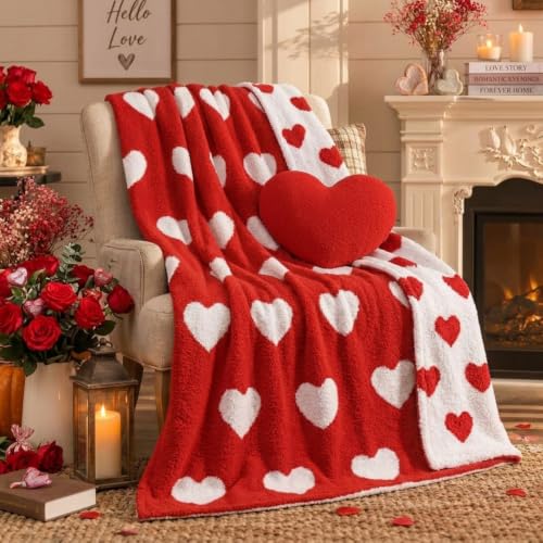 FuWeave 2 Pcs Valentine's Day Heart Blanket and Pillow Set, 50 x 60 in, Red