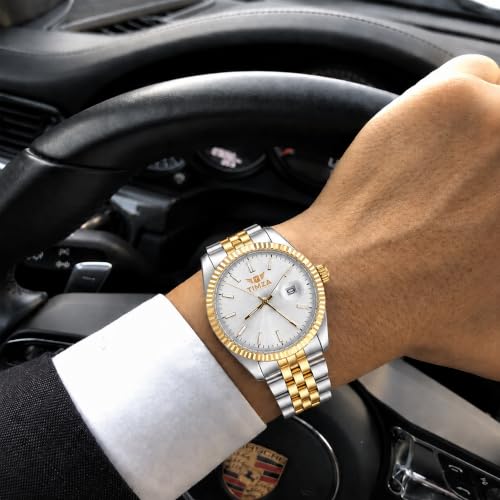 Image of Classic Off-White Dial Quartz Watch for Men with Stainless Steel Two Tone Bracelet (Silver-Golden), Magnified Date Window & Water Resistant Build