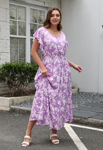 Image of Nemidor Womens Plus Size Boho Ditsy Floral Print Casual Smocked Flared Maxi Long Dress with Pocket
