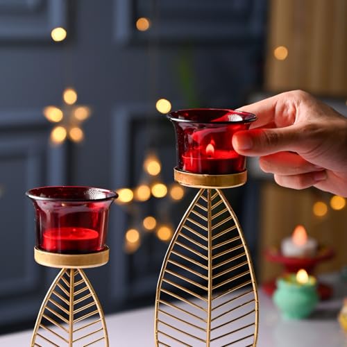 Image of Market99 (2 Votive) Leaf T- Lite Holder Set of 2 | Iron T-Light Holder with Leaf Shape & Red Color | Glossy Finish | Home Decor T-Light Holder | Decorative Item for Festive Season | Leaf Design
