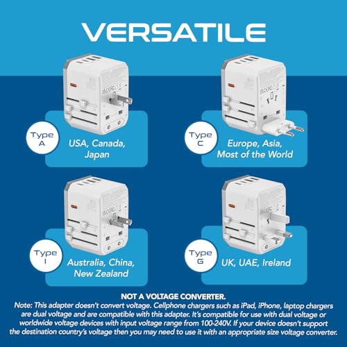 Image of Ceptics 6 in 1 Universal Travel Adapter with PD 70W USB-C and 2X USB-A and 2X USB-C 3A, Universal Charger with QC 3.0 for US /EU /UK /AU, Universal Power Adapter with Type I C G A Outlets