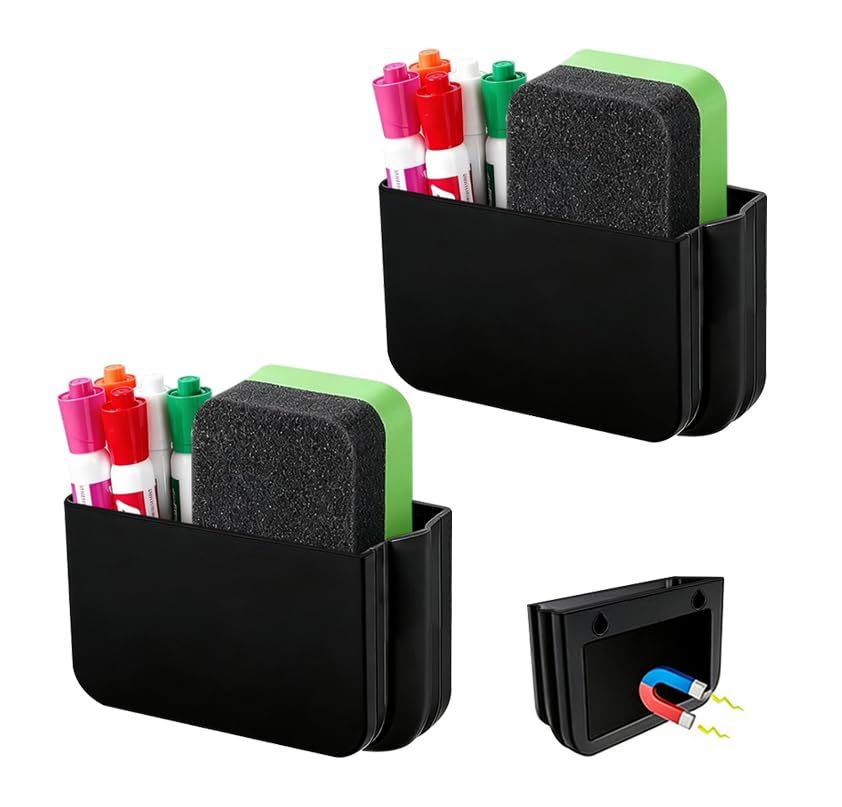 FRETONBA Magnetic Pen Holder Foldable, 2 Pcs Magnetic Marker Holder, Whiteboard Pen Holders Organizer, Magnetics Marker Storage for Fridge, Refrigerator, Locker (Black)