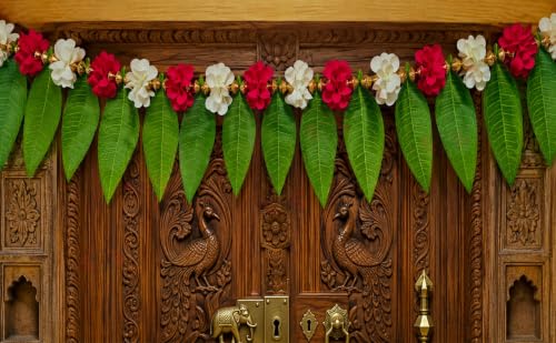 Image of S2S Artificial Mango Leaves Toran with Pink & White Flowers (1 Pcs) (40 Inch Length) | Hanging Toran for Main Door | for Wedding, Diwali, Ganpati, Pooja, Temple & Mandir Decor