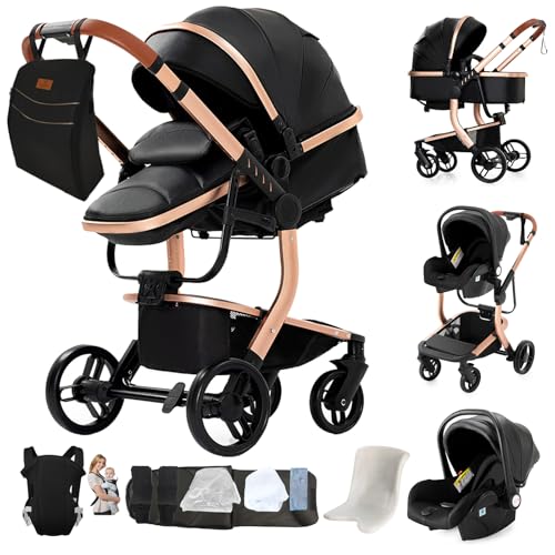 Magic ZC PU Leather 3 in 1 Pushchair Pram Travel System, Baby Stroller 3 in 1 with Reversible Two Pushing Modes, Newborn Infant Carriage One-Click Folding, Toddler Buggy Aluminum Frame (Black 518)