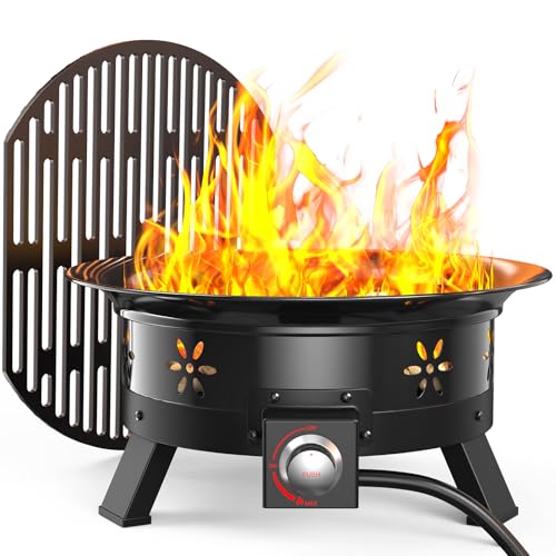 AMADA HOMEFURNISHING 19″ Propane Fire Pit with Grill Grate, 58,000 BTU, Folding Legs, Propane Tank Holder, Cover, and Carry Strap, No Ignition Needed, Easy Flame Adjustment, CSA-Certified, Portable