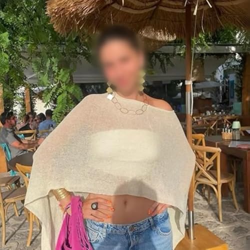 Women's Summer One-Shoulder Asymmetric Knit Poncho,Lightweight Skimming Knitted Shawl,Stylish Soft Lace Shawls Top2