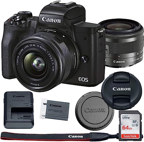 Canon EOS M50 Mark II Mirrorless Digital Camera with 15-45mm Lens Bundle (Black) - 4728C006 + Sandisk 64GB Ultra Memory Card