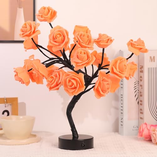Image of Drawelry Rose Flower Tree Lamp - LED Rose Tree Table Lamp USB /Battery Powered Artificial Bonsai Flower Night Light for Bedroom Living Room Party Wedding Birthday Decor (Orange)