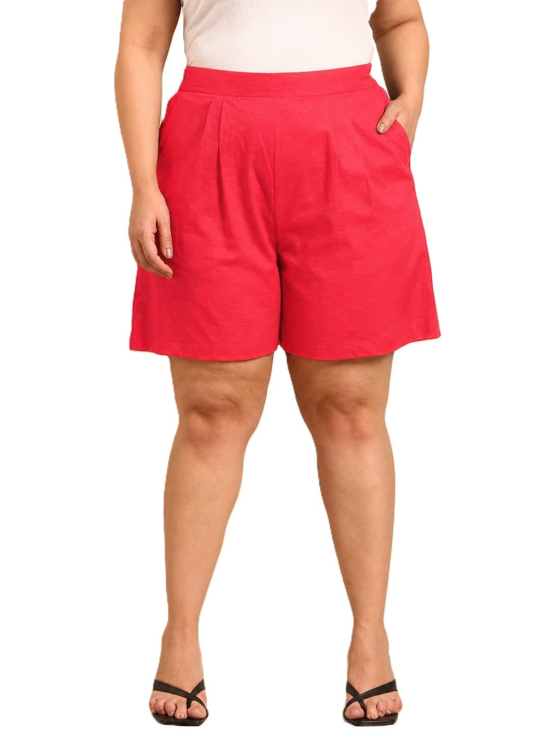 the pink moon Women's Plus Size Red Cotton Shorts, Low Rise, Knee Length-picture-18