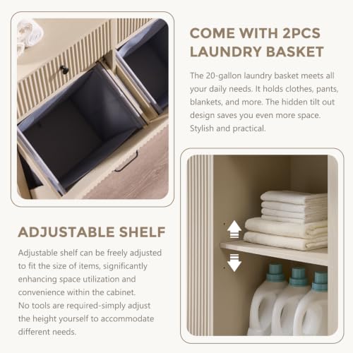 Image of IFBUY Triple Tilt Out Laundry Hamper Cabinet, Trash Can Cabinet, Cream