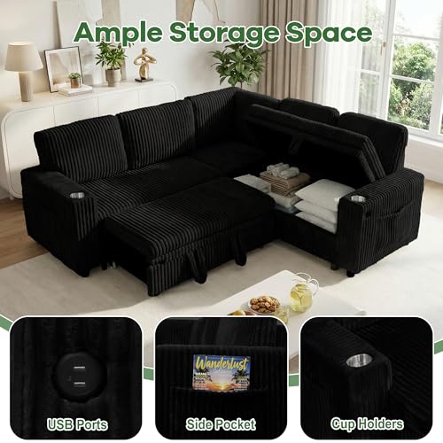 Image of Oversized Sectional Couch, L Shaped Corduroy Couch for Living Room, Sectional Sleeper Sofa with Pull Out Bed, Convertible Sofa Bed for Living Room, Bedroom and Apartment, Black