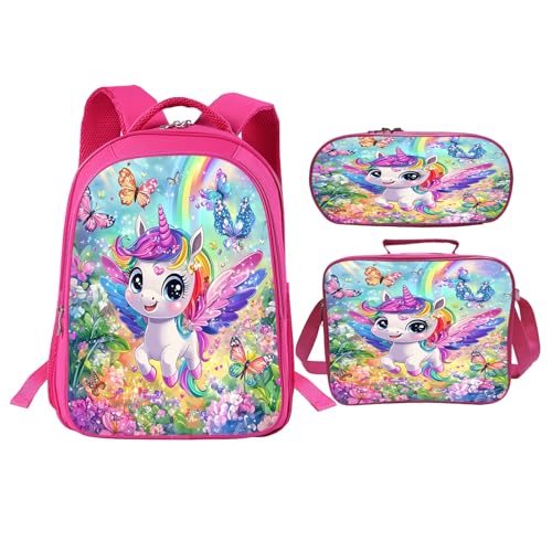 Quorin Unicorn Backpack Colorful School Bag 3PCS Backpack 16 Inch with Lunch Bag Set Lightweight for Teen Boys Girls Kids Elementary Middle School