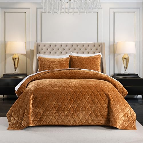 Homzard Carmel Gold Velvet King Size Comforter Set, King Size Quilt Set Velvet Quilt Bedding Set, Soft Bedspread Coverlet, Luxury Bedding for All Season,3 Pieces Bed Set