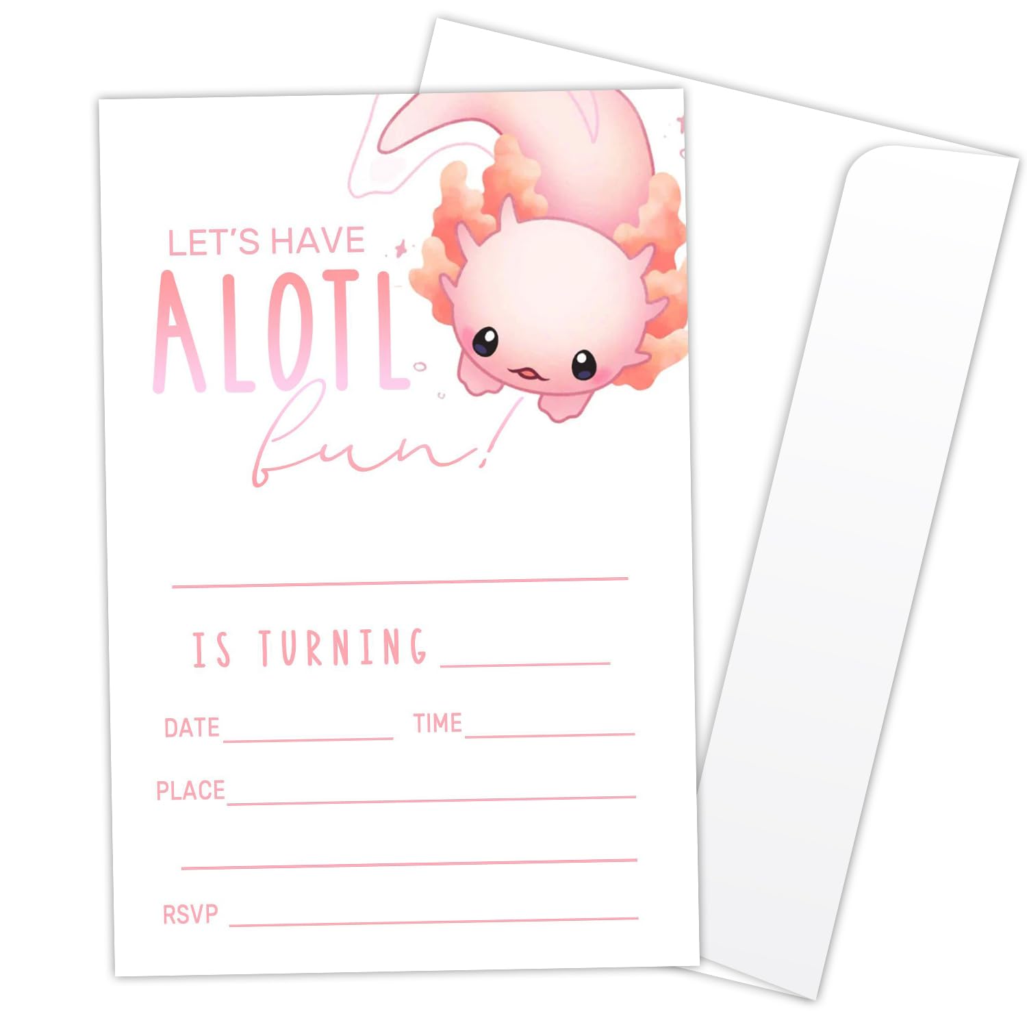 LONLONBANG Axolotl Birthday Party Invitations, 20 Cute Pink Ocean Animal Birthday Invites with Envelopes, Perfect for Kids' Parties