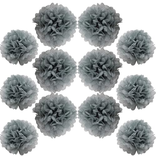 Ruidee Lot de 12 pompons en papier de soie à suspendre – 25,4 cm et 30,5 cm – Boules de fleurs en papier de couleur pour décoration de fête et de mariage (ZH/gris)
