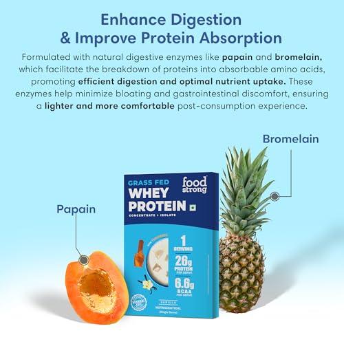 Image of Foodstrong Whey Protein Powder (Concentrate + Isolate), 100% Hormone Free Grass-Fed Whey, 26G Protein & 6.6G BCAA, Vanilla, With Turmeric & Digestive Enzymes, 35G