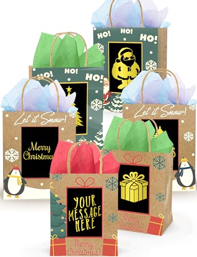 6 Brown Christmas Gift Bags Medium Size Bulk, 8
