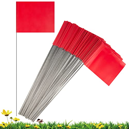100 Pack Marking Flags Marker Flags for Lawn , IKAYAS 4*5 Inch Red PVC Small Yard Flags Stake Flags on 15 inch Steel Wire, Lawn Flags, Yard Flags, Garden Flags
