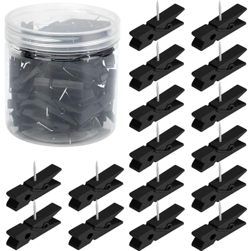 Senkary 60 Pieces Black Push Pins with Wooden Clips, Clothespin Pushpins Cute Decorative Thumb Tacks for Cork Board, Bulletin Board, Photos, Crafts, Classroom Office