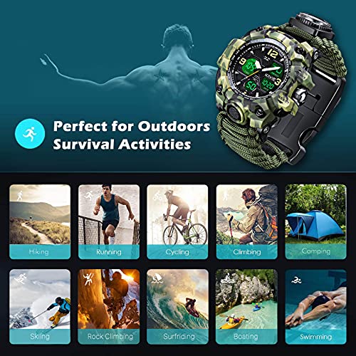 Men's Tactical Military Digital Watch 23 in 1 Survival Multifunction Army Outdoor Waterproof Camouflage Sport Watch Dual Display Analog LED Electronic Watch with Compass Paracord Band, armygre