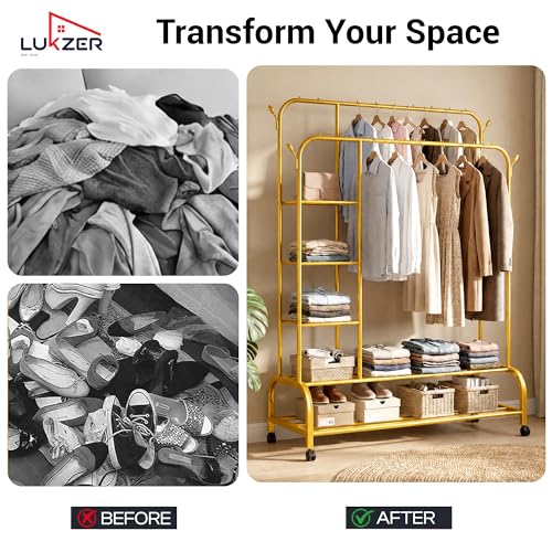Image of Lukzer Metal Garment Stand with 6 Shelves & Double Rods, Heavy-Duty Clothing Rack with Side Hooks & Wheels, Multi-Functional Storage Organizer for Bedroom, Laundry & Entryway - (MGS-008 /Gold)