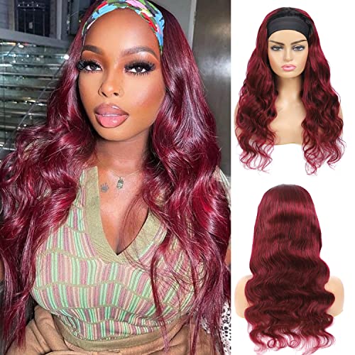 Body Wave Human Hair Headband Wigs for Women 150% Density None Lace Front Wigs 1B Burgundy Body Wave Headband Wig 100% Brazilian Hair Machine Made Headband Body Wave Wigs 20 Inch