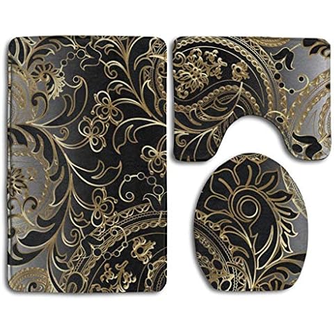 CoolSomeJies Gold and Black Paisley Flowers Leaves Toilet Carpet，Fashion Bathroom Rug Mats Set 3 Piece Bath Mat + Contour + Toilet Lid Cover Cover
