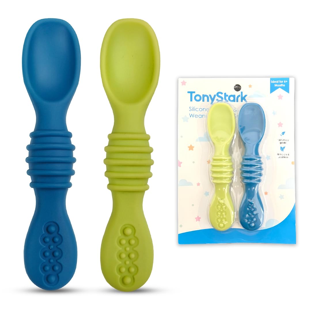 TONY STARK Silicone Spoon Set of 2, Baby Spoons Feeding, Weaning Spoon for Baby 6 to 12 Months, Gum Friendly, BPA Free, Soft & Durable Self-Feeding Spoons