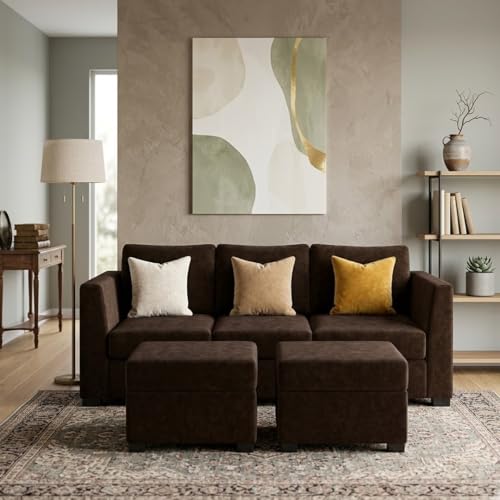 Image of FURNY Revona 5 Seater L Shape Sofa Set with 2 Movable Ottoman | Flexible Left or Right Layout | Plush Velvet Fabric (Dark Brown) | Perfect for Living Room, Guest Room & Office