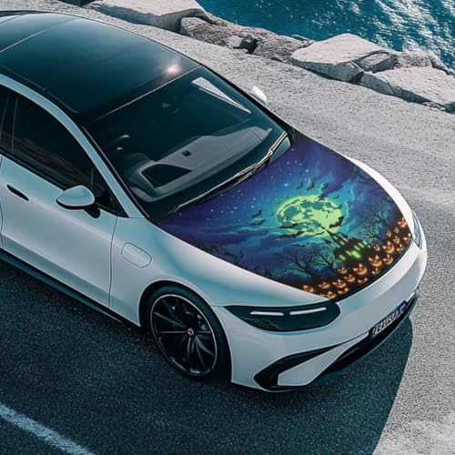 Image of Haunted House Night Sky Print Car Hood Cover Stretchable Auto Hood Wrap Blankets Waterproof Automotive Halloween Outdoor Decorations for Compact Sedans SUV Trucks Van