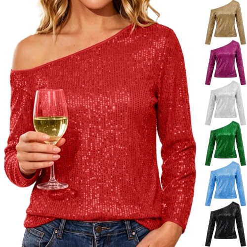 OTSANT Womens Sequin Top One Shoulder Long Sleeve Sparkly Party Evening Top - image 1