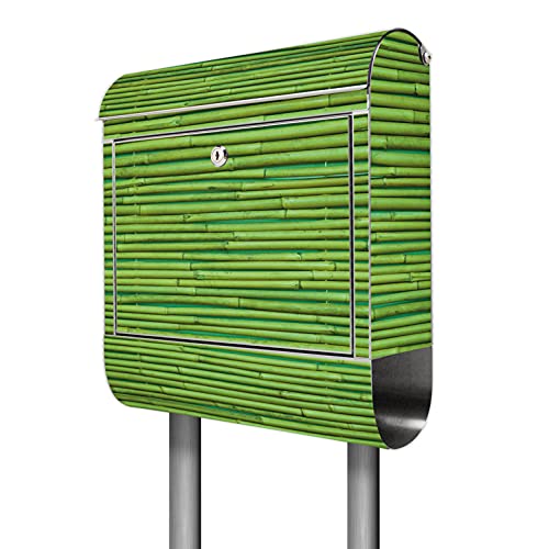 banjado® Standbriefkasten Edelstahl mit Zeitungsfach Motiv Bambus Grün/Briefkasten mit Standfuß/Edelstahl Briefkasten freistehend - A4 Einwurf inkl. 2 Schlüssel
