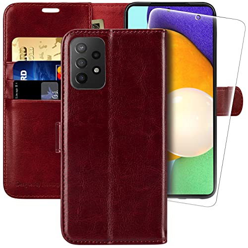 MONASAY Wallet Case Compatible for Galaxy A52/A52S 5G&4G, [Included Glass Screen Protector][RFID Blocking] Flip Folio Leather Cell Phone Cover with Credit Card Holder 6.5 inch, Burgundy